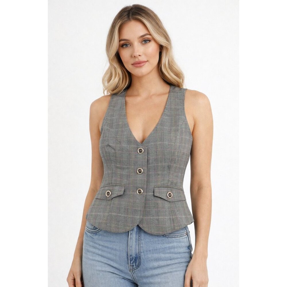 Garage Sz M Vintage Womens Plaid Checker Gray Vest Waistcoat  Y2K Tailored